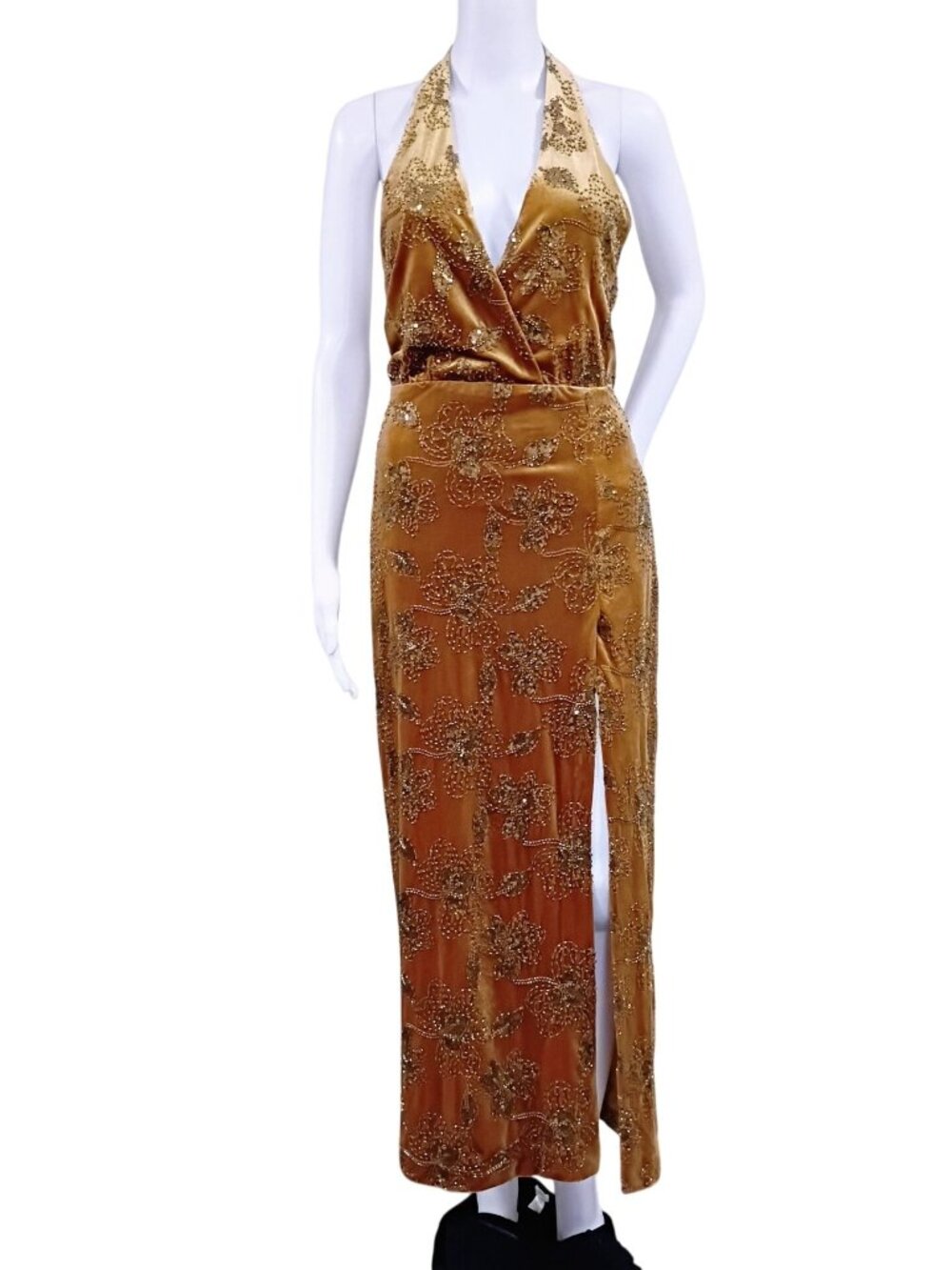 NWT Zara Maxi Dress Women's S Gold All-Over Embellishment Halterback Designers - Picture 2 of 15